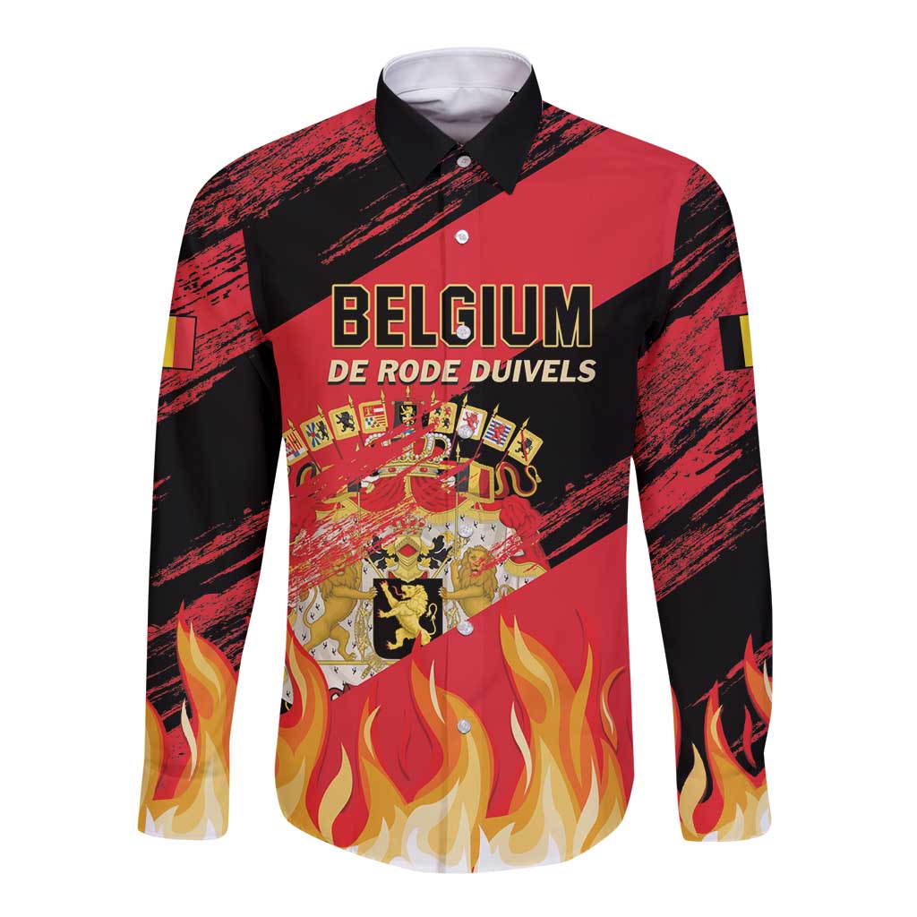Black and red football button shirt with front 'BELGIUM' text, crest and flames
