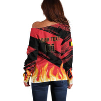 Women’s off-shoulder sweater, black and red back print with flame and text