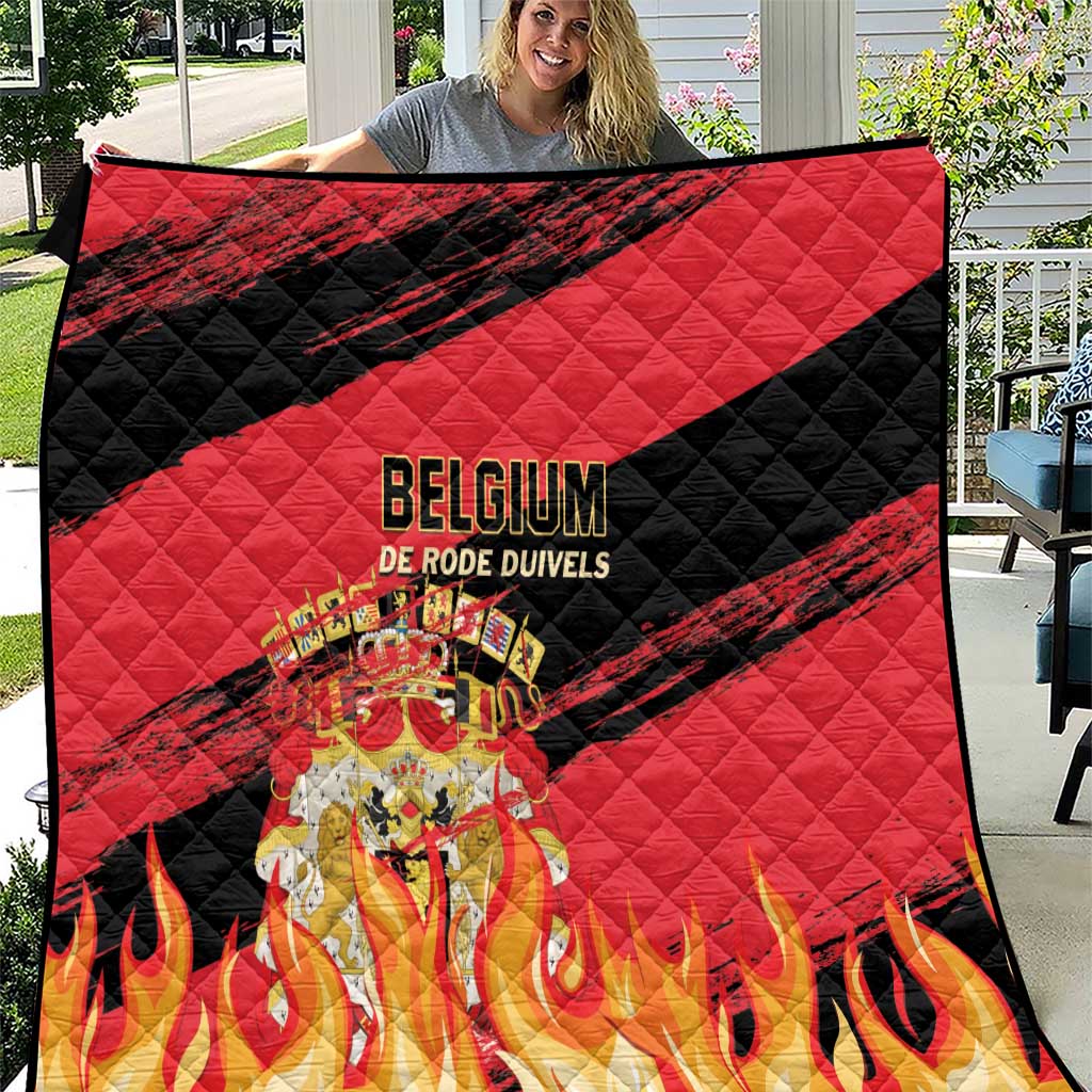 Belgium football quilt with centered crest, flames, and red-and-black quilted diamond pattern