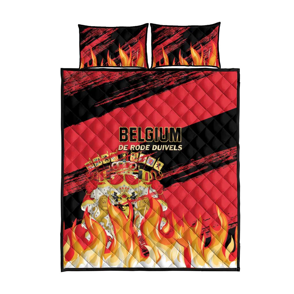 Red and black football quilt with flames and Belgium text, including two pillowcases