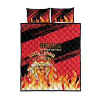Red and black football quilt with flames and Belgium text, including two pillowcases