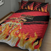 Red and black football quilt bed set with flame graphics and Belgium text; matching pillows