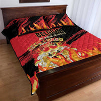 Red and black football quilt bed set with Belgium text, flames, and matching pillowcases