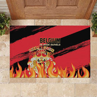 Belgium football rubber doormat with black and red graphic flames and crest