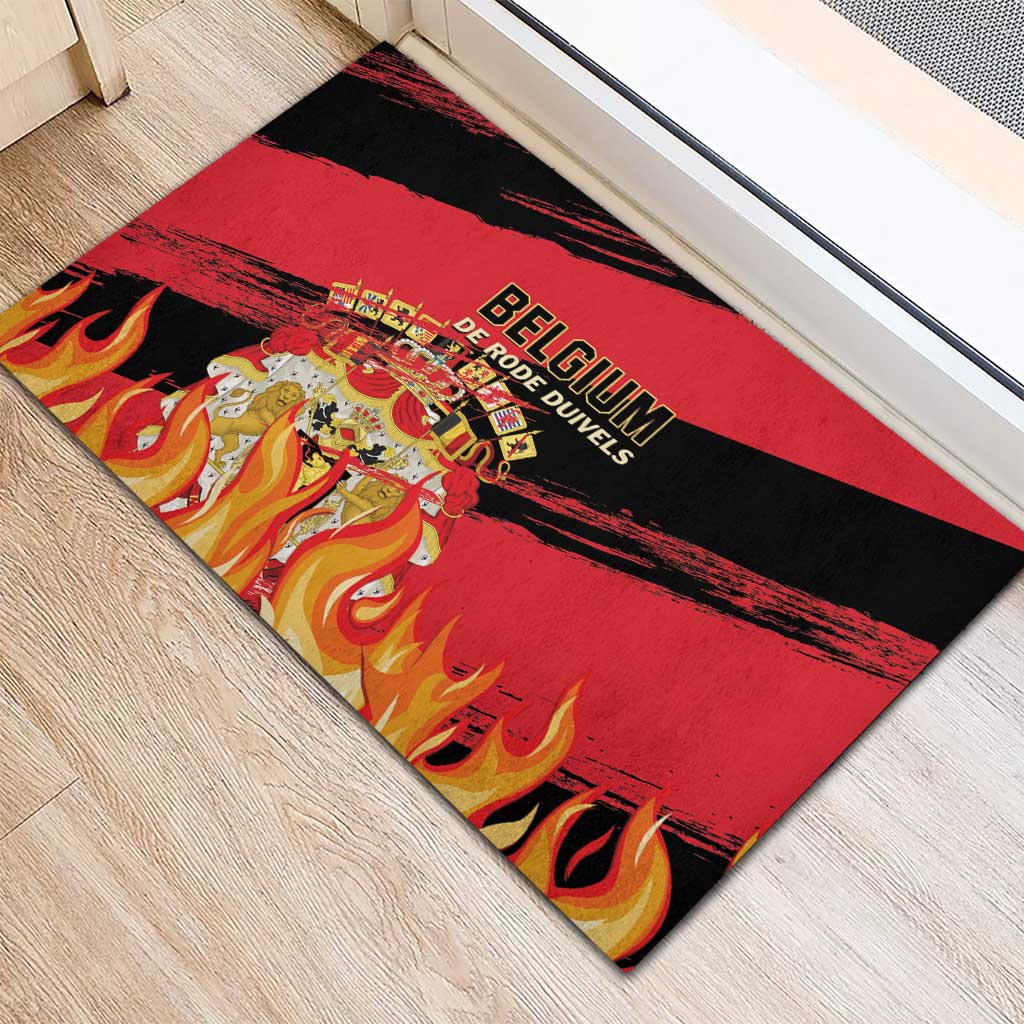 Belgium football rubber doormat, red and black diagonal stripes with Belgium text flames