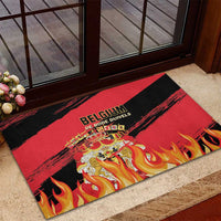 Belgium football rubber doormat with Belgium crest over red flames on black background