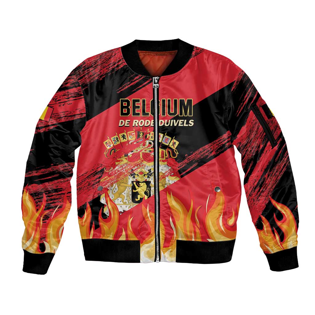 Custom Belgium 2024 Football Sleeve Zip Bomber Jacket Go De Rode Duivels - Wonder Print Shop