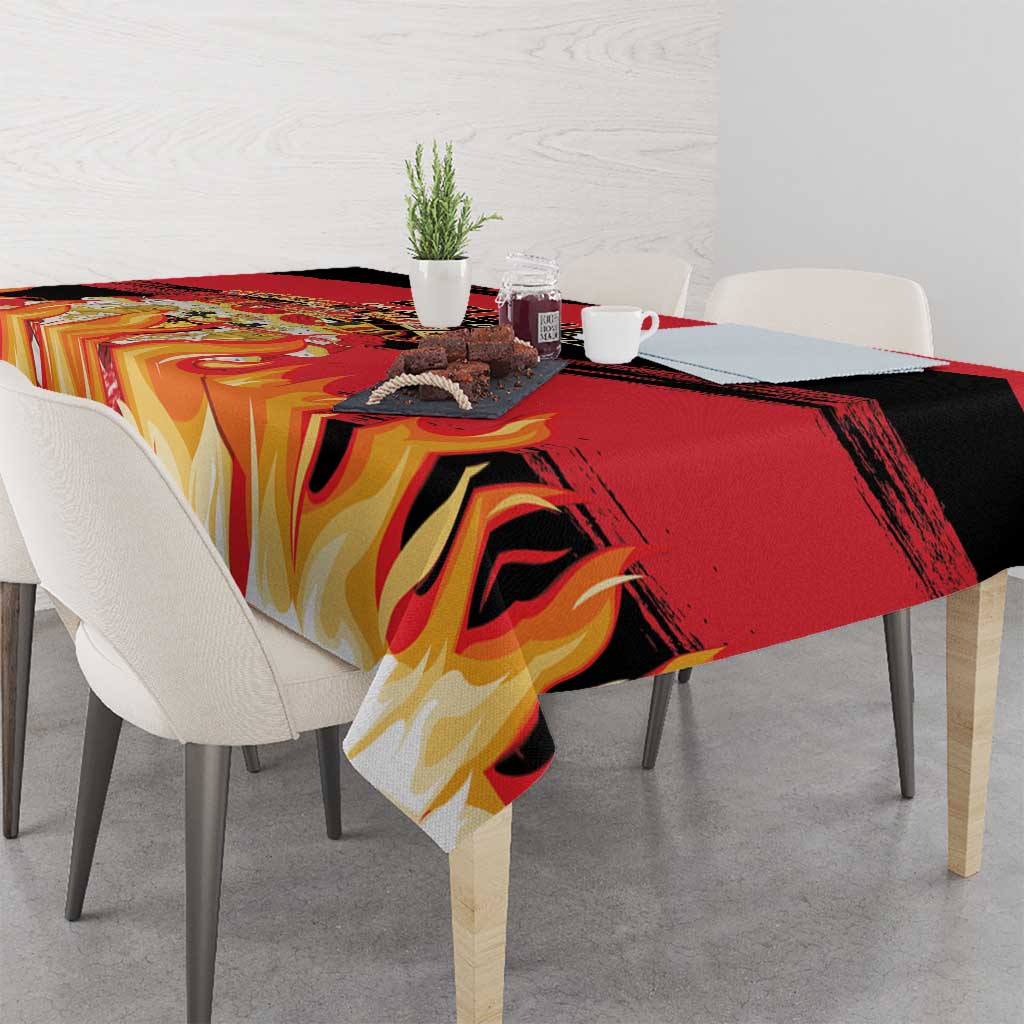 Belgium football tablecloth showing bold flame shapes in red, yellow, and black