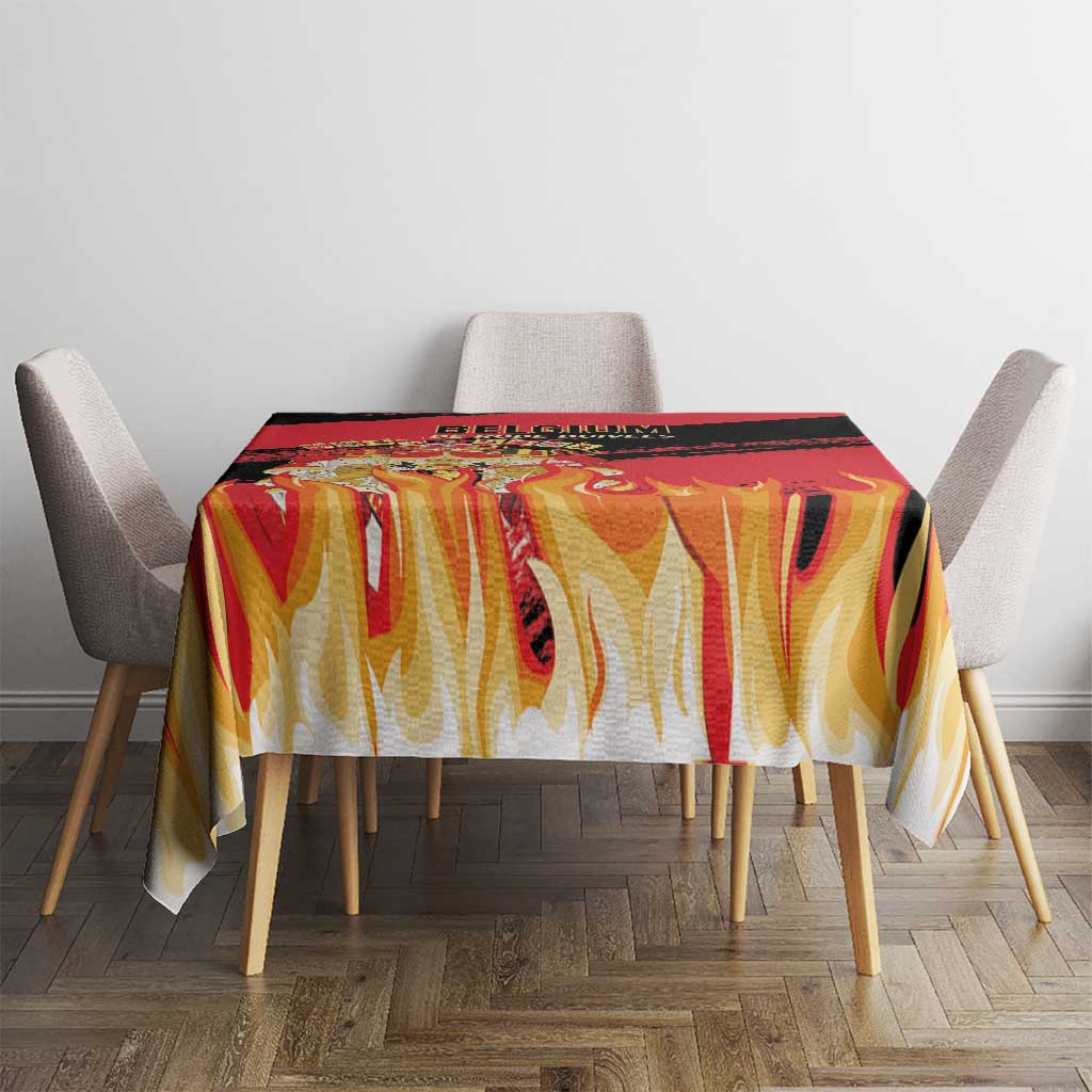 Rectangular Belgium football tablecloth with flaming lion graphic in red, yellow, and black