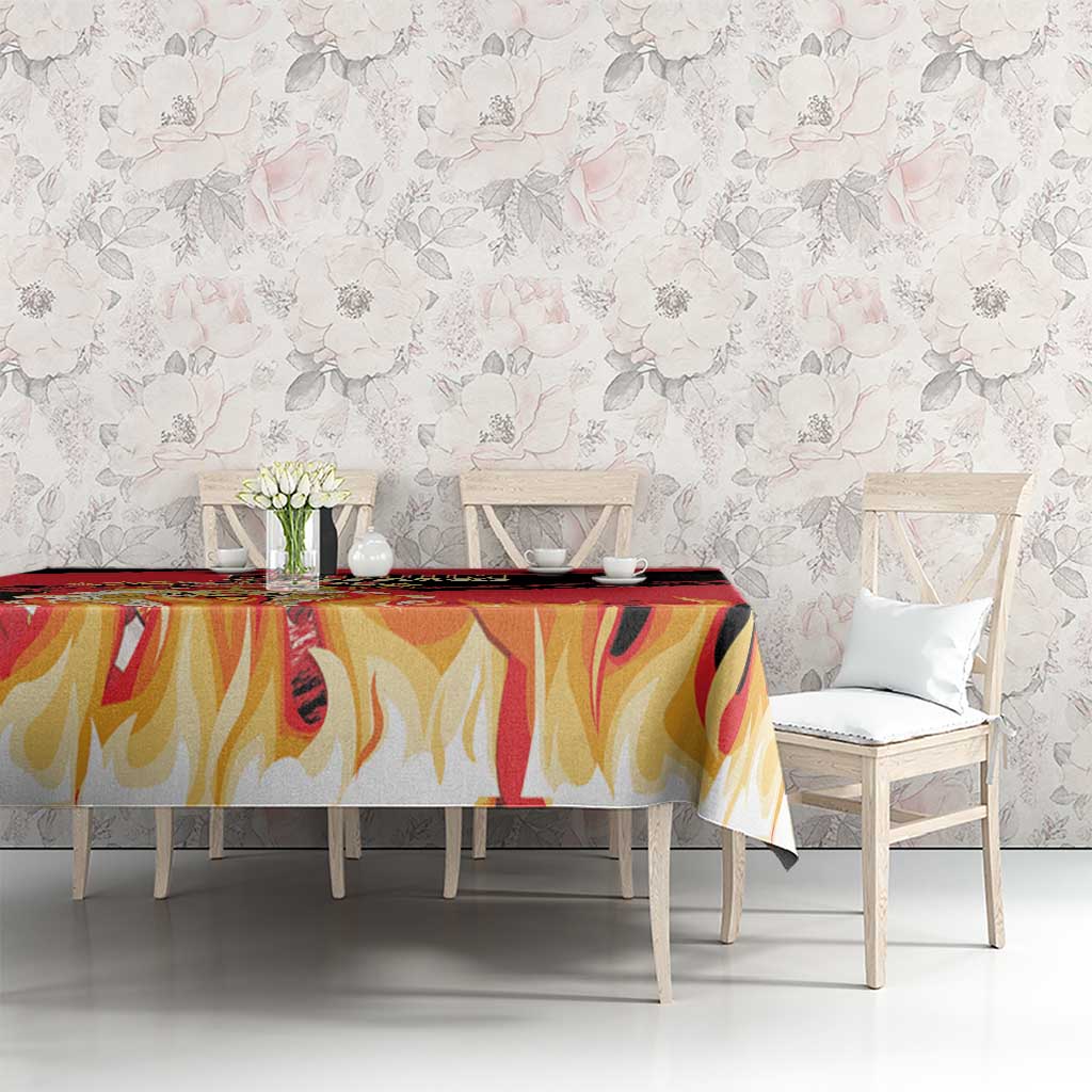 Belgium 2024 football tablecloth with flaming artwork in red, black, and yellow across table