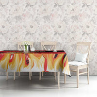 Belgium 2024 football tablecloth with flaming artwork in red, black, and yellow across table