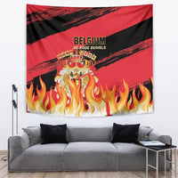 Belgium football tapestry with red and black flag design, crest, and flames at bottom edge.