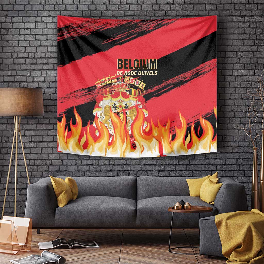 Belgium football wall tapestry featuring red-and-black diagonal stripes, crest, and burning flames.