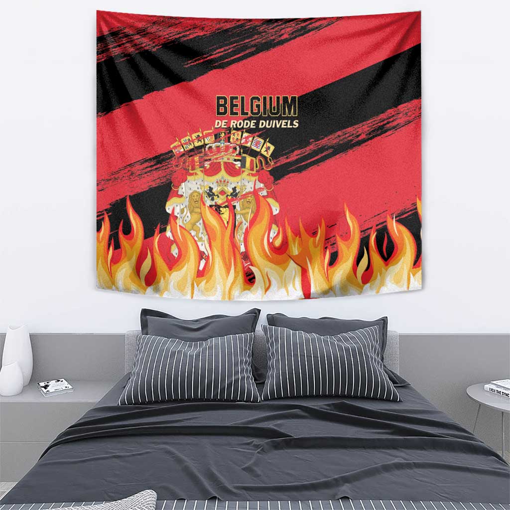 Belgium football tapestry with red and black pattern, crest logo, and bright flame graphics.