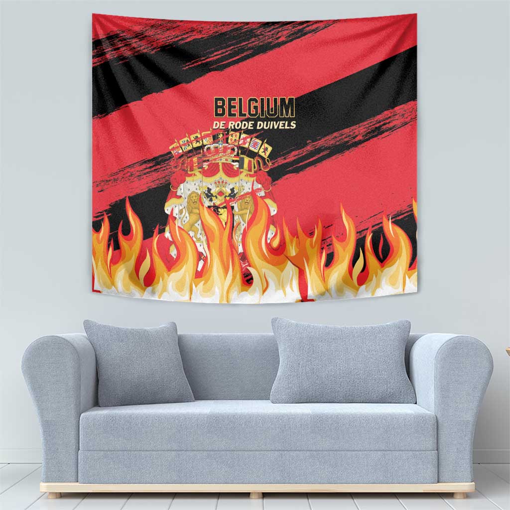 Belgium football tapestry with centered Belgium text, crest logo, and flame design along bottom.