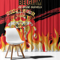 Red and black football window curtain panel with Belgium crest and flame design