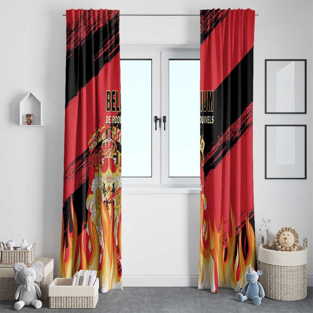 Red and black Belgium-themed football window curtains with flame border and crest