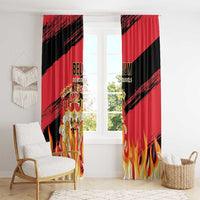 Red and black football window curtains with Belgium crest center and flame lower print