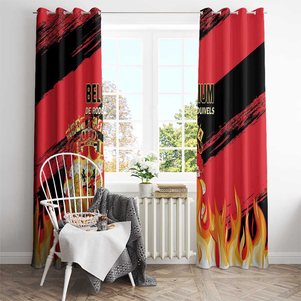 Red and black football window curtains with Belgium crest and flame graphics, pair