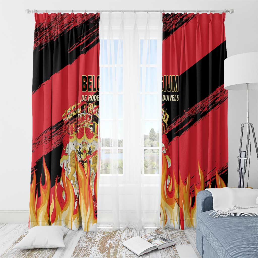 Red and black football window curtains with Belgium crest and flame border, pair