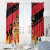 Red and black football window curtains with Belgium crest and flame border, pair