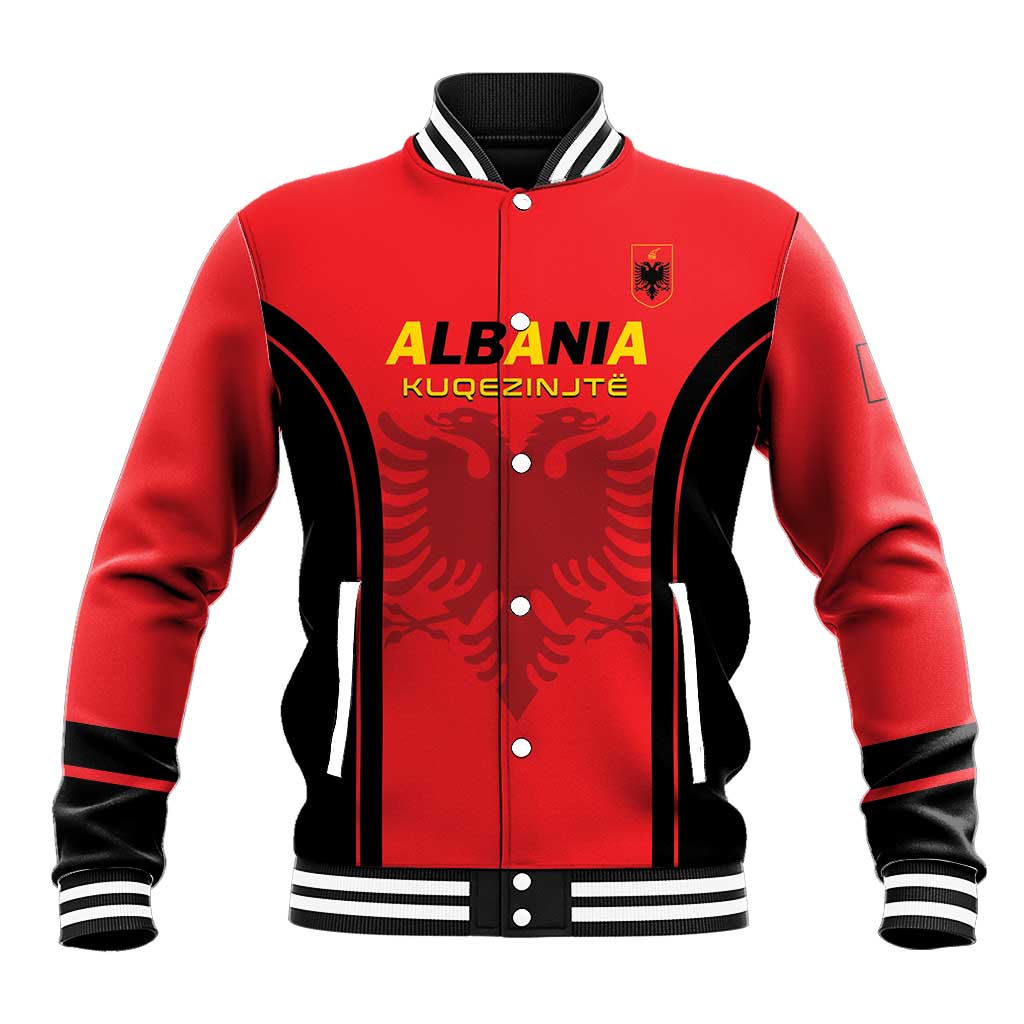 Red and black varsity baseball jacket with striped collar, snap front, Albania crest and emblem