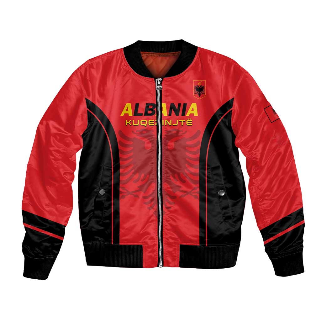 Red and black football bomber jacket with full zipper, sleeve logo, front graphics