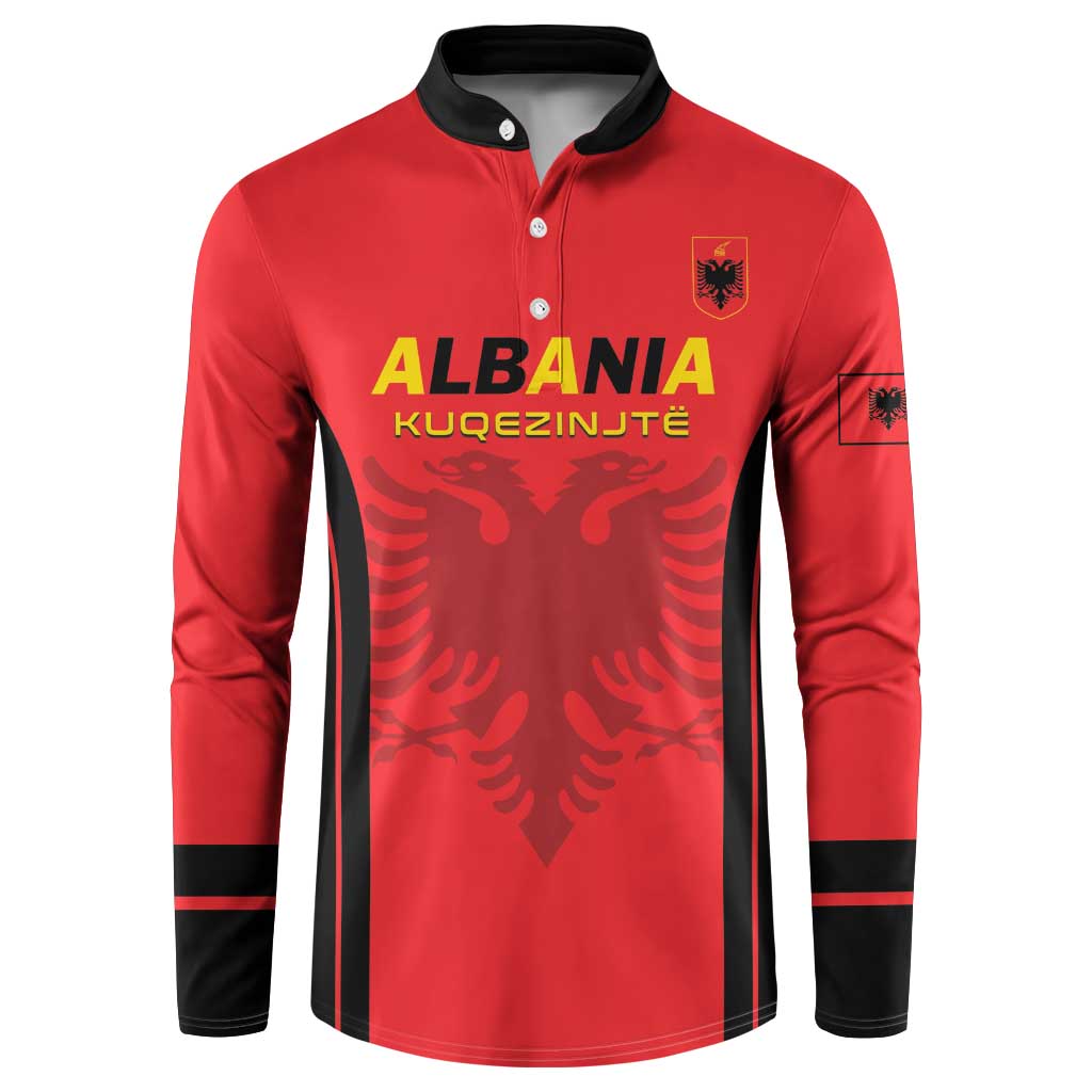Red button-front football sweatshirt with black collar and ALBANIA crest, front design