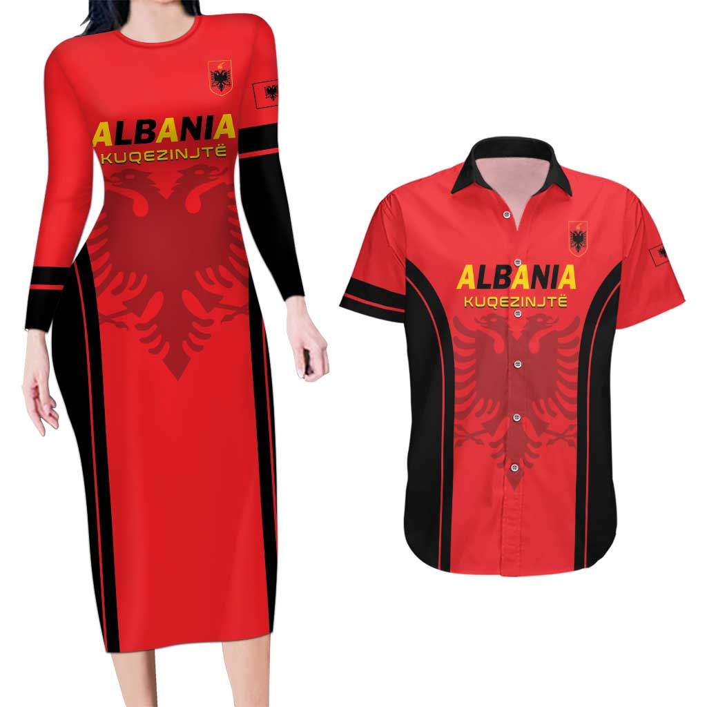 Custom Albania 2024 Football Couples Matching Long Sleeve Bodycon Dress and Hawaiian Shirt Come On Kuqezinjte - Wonder Print Shop