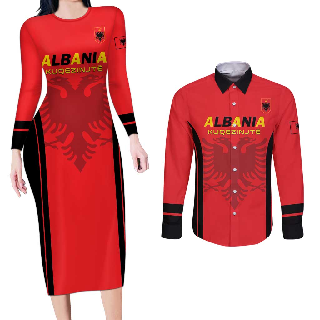 Custom Albania 2024 Football Couples Matching Long Sleeve Bodycon Dress and Long Sleeve Button Shirt Come On Kuqezinjte - Wonder Print Shop