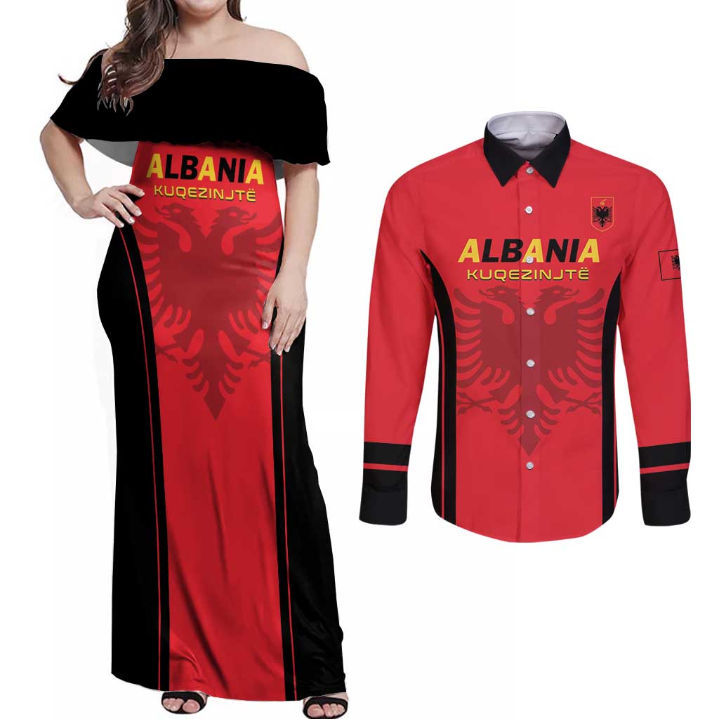 Custom Albania 2024 Football Couples Matching Off Shoulder Maxi Dress and Long Sleeve Button Shirt Come On Kuqezinjte - Wonder Print Shop