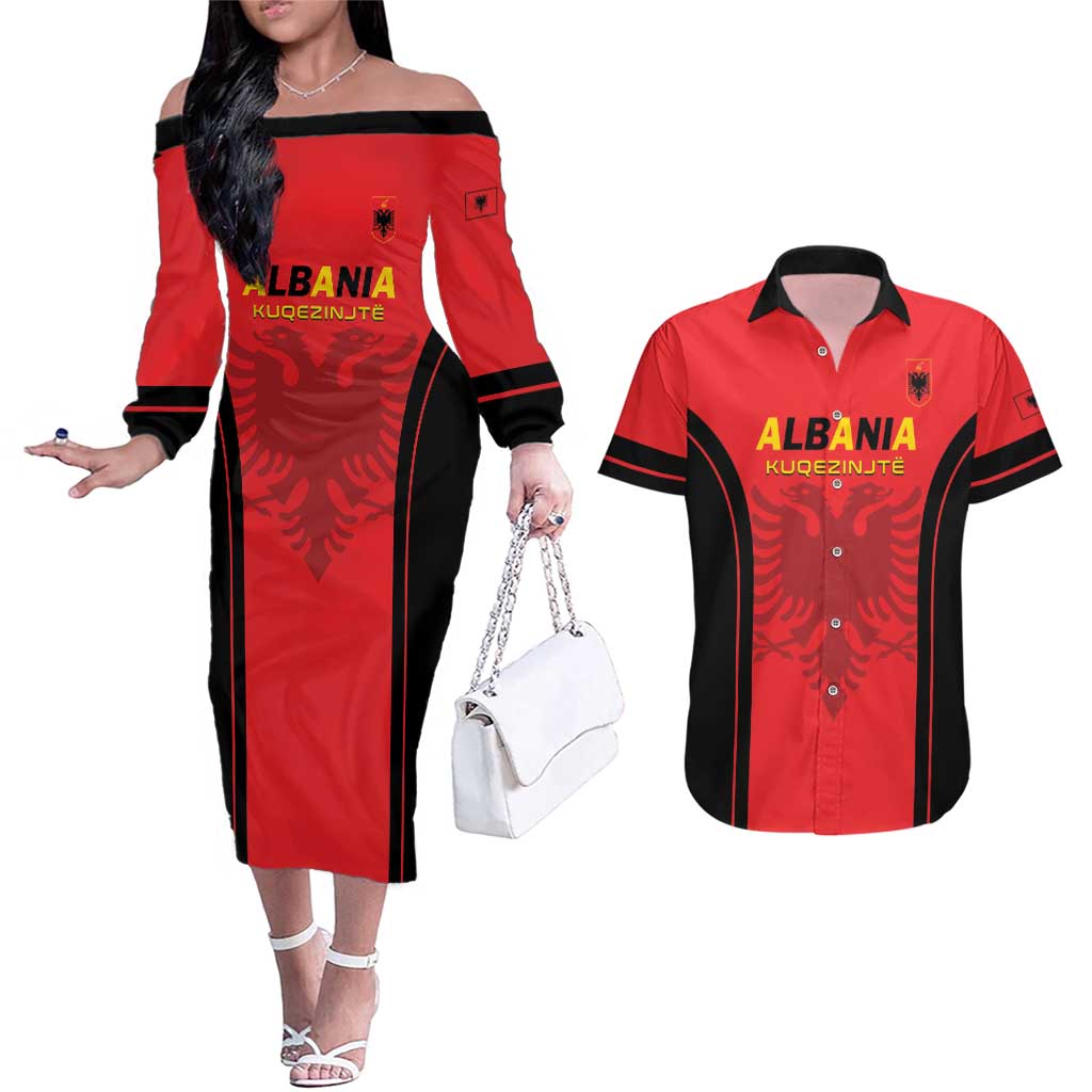 Custom Albania 2024 Football Couples Matching Off The Shoulder Long Sleeve Dress and Hawaiian Shirt Come On Kuqezinjte - Wonder Print Shop