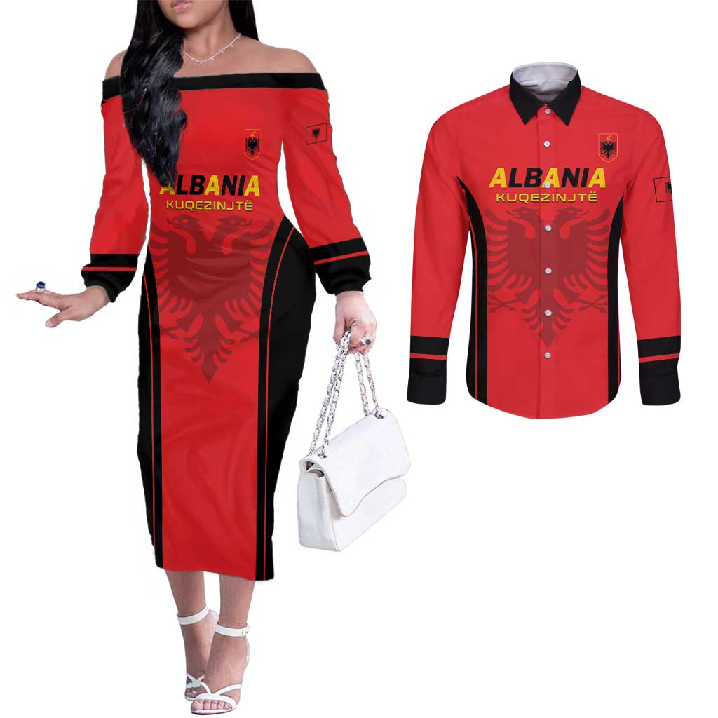 Custom Albania 2024 Football Couples Matching Off The Shoulder Long Sleeve Dress and Long Sleeve Button Shirt Come On Kuqezinjte