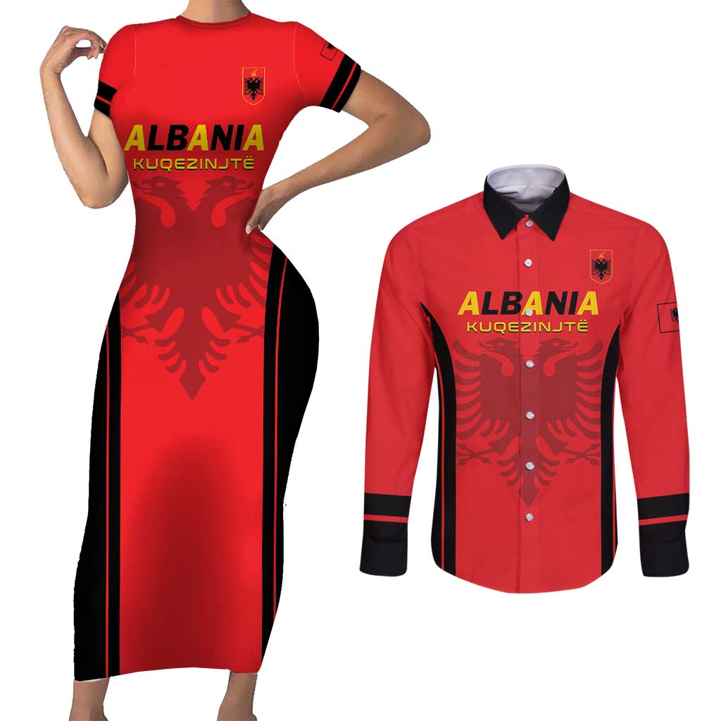 Custom Albania 2024 Football Couples Matching Short Sleeve Bodycon Dress and Long Sleeve Button Shirt Come On Kuqezinjte - Wonder Print Shop