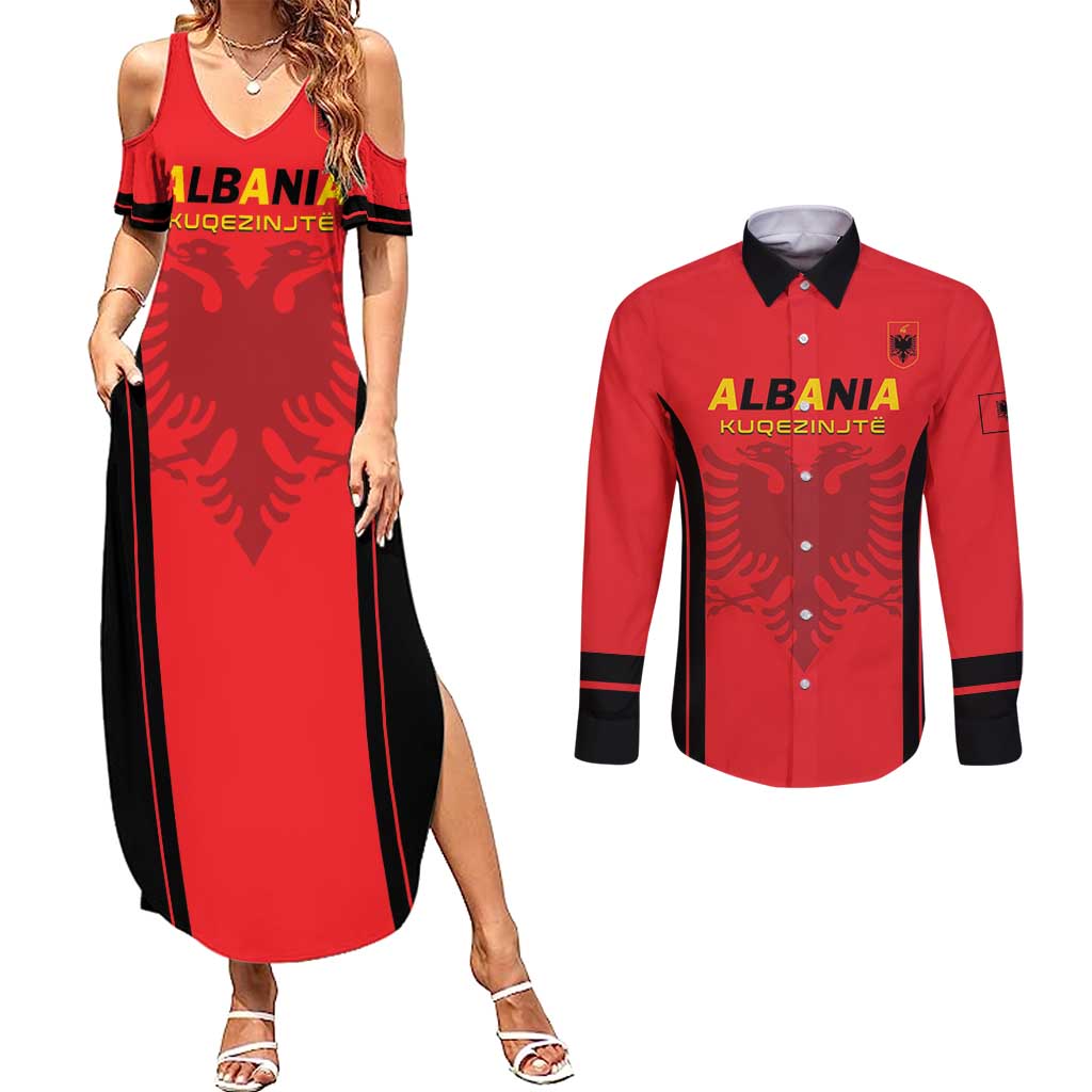 Custom Albania 2024 Football Couples Matching Summer Maxi Dress and Long Sleeve Button Shirt Come On Kuqezinjte - Wonder Print Shop