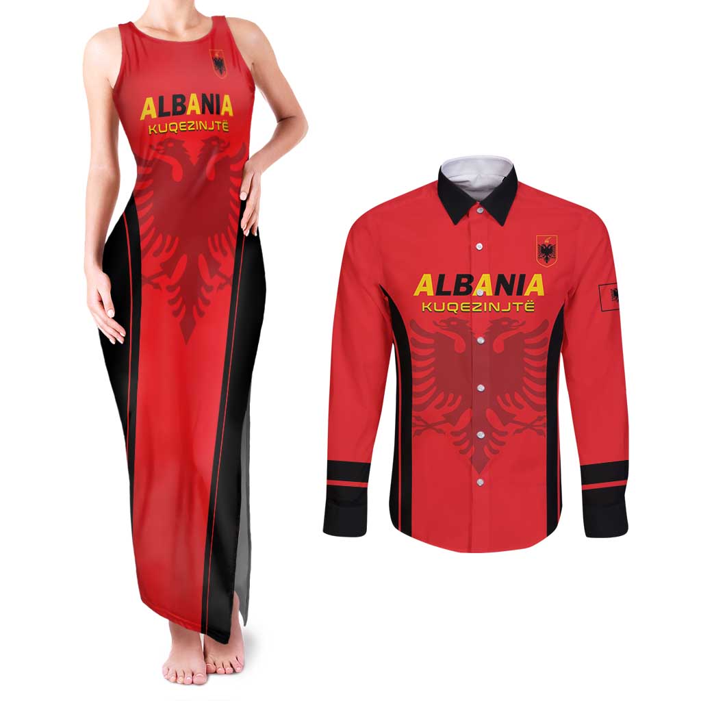 Custom Albania 2024 Football Couples Matching Tank Maxi Dress and Long Sleeve Button Shirt Come On Kuqezinjte - Wonder Print Shop