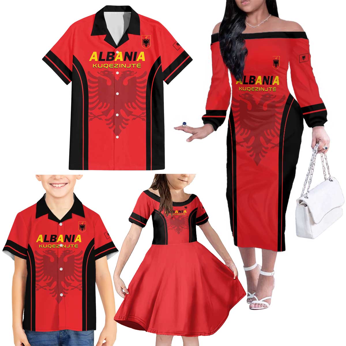 Custom Albania 2024 Football Family Matching Off The Shoulder Long Sleeve Dress and Hawaiian Shirt Come On Kuqezinjte - Wonder Print Shop