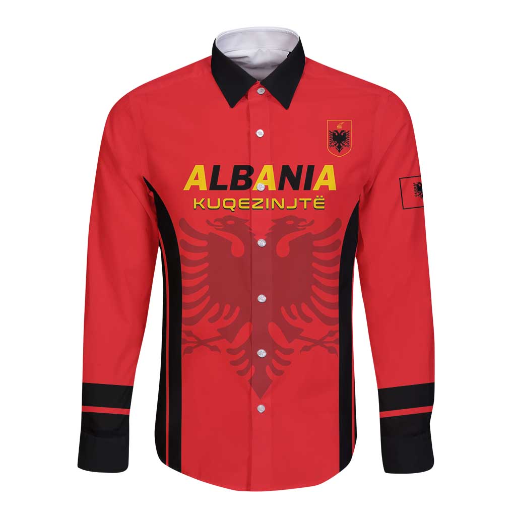 Red long-sleeve football button shirt with black collar, cuffs, and front crest graphic