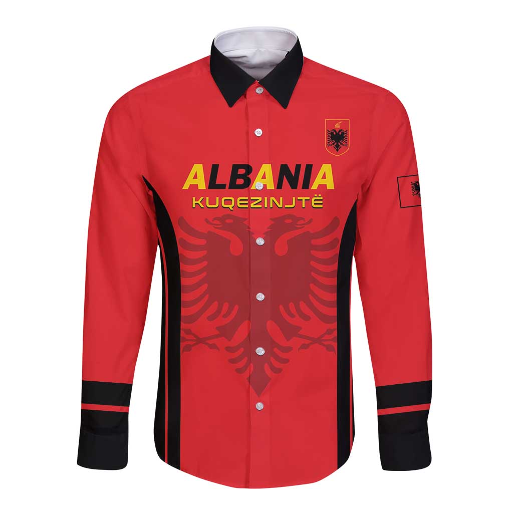 Custom Albania 2024 Football Long Sleeve Button Shirt Come On Kuqezinjte - Wonder Print Shop