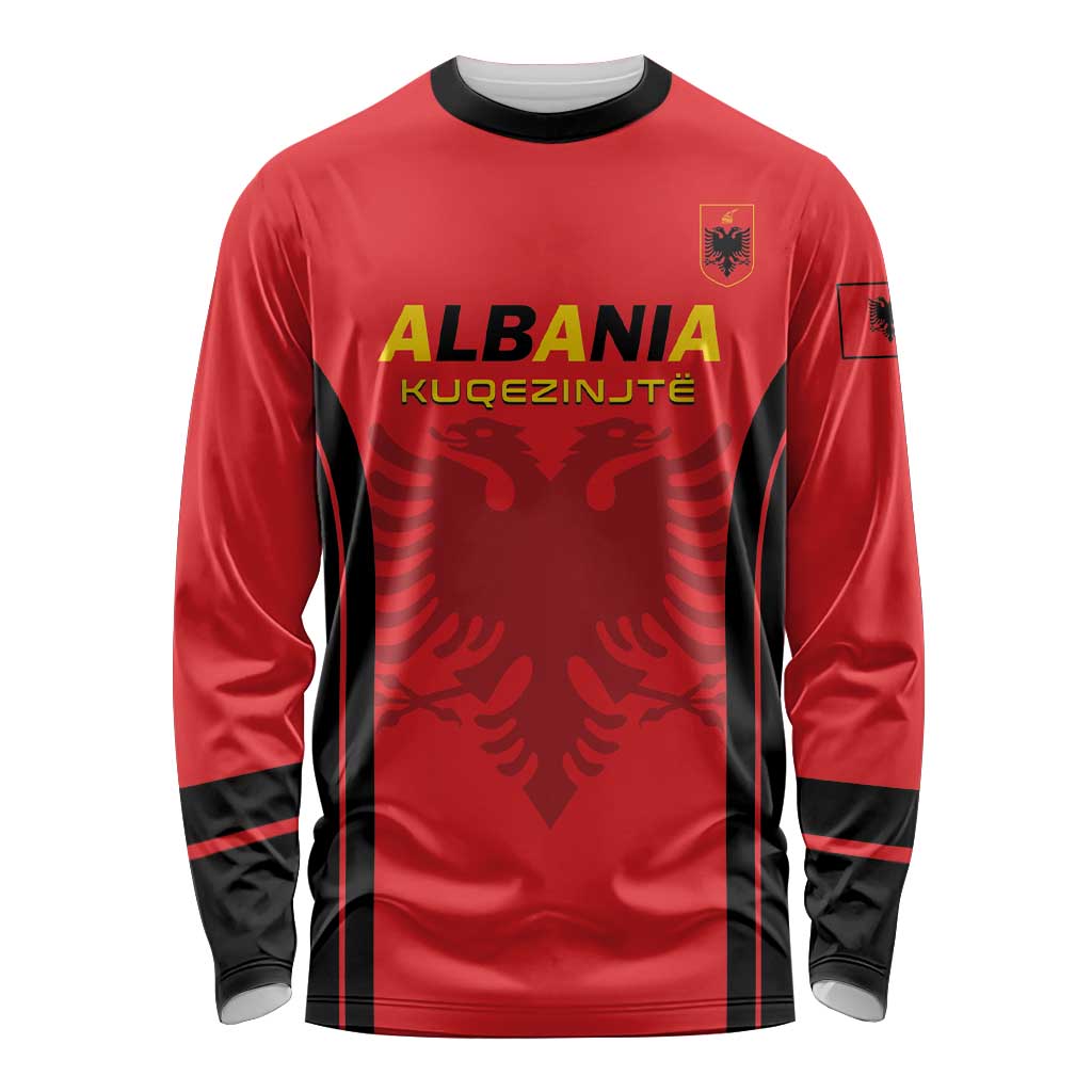 Red unisex football long-sleeve shirt with ALBANIA front graphic, black panels