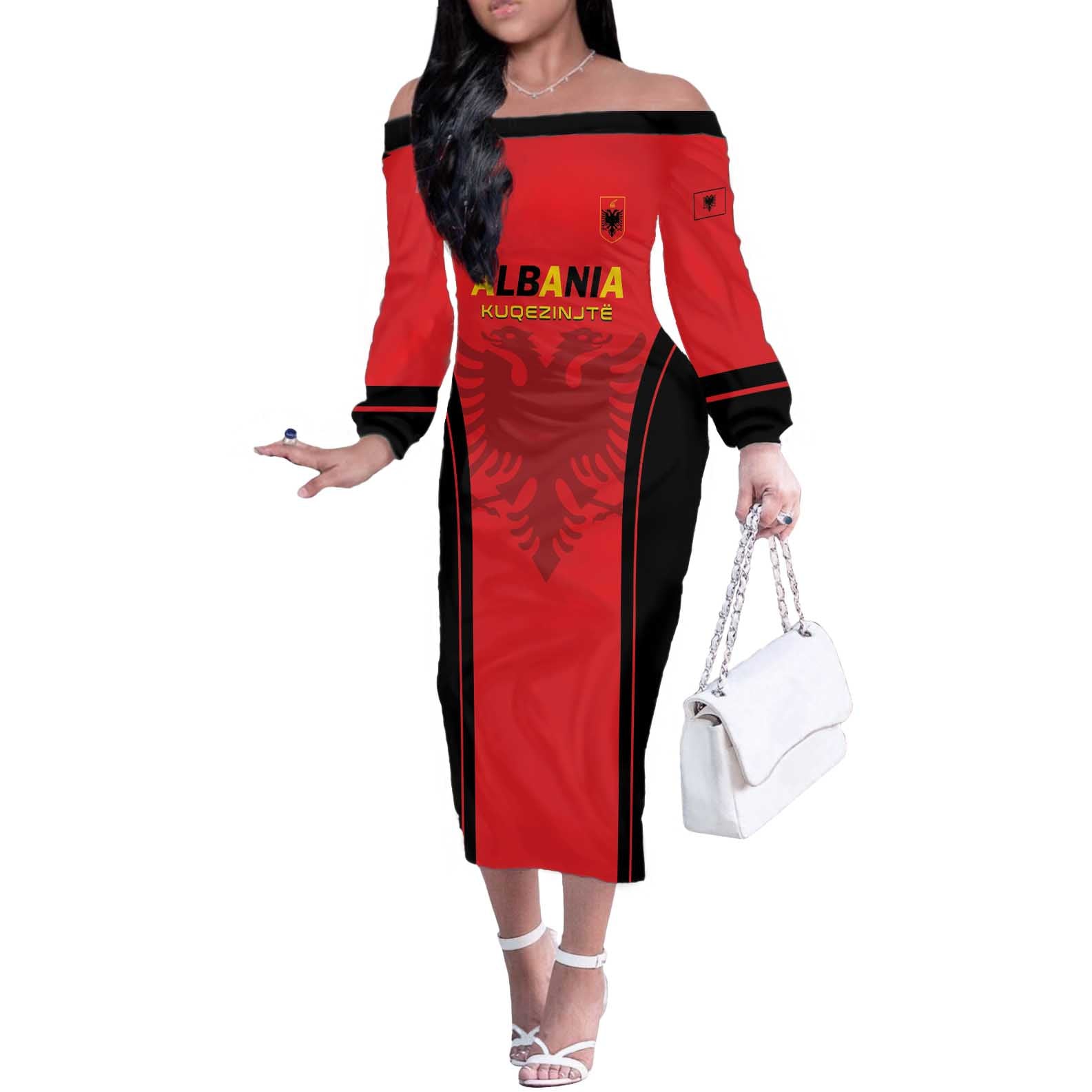 Custom Albania 2024 Football Off The Shoulder Long Sleeve Dress Come On Kuqezinjte - Wonder Print Shop