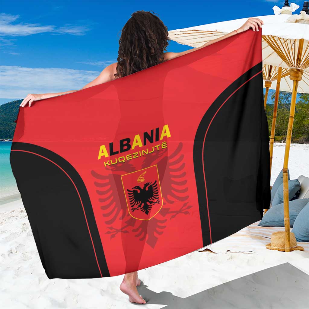 Red and black football sarong with Albania crest, “ALBANIA” text, and stripe graphics