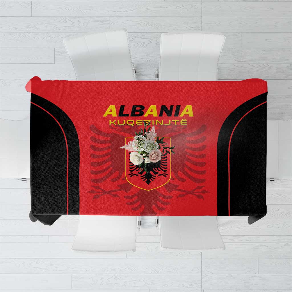 Red and black football tablecloth with Albania crest and curved trim lines