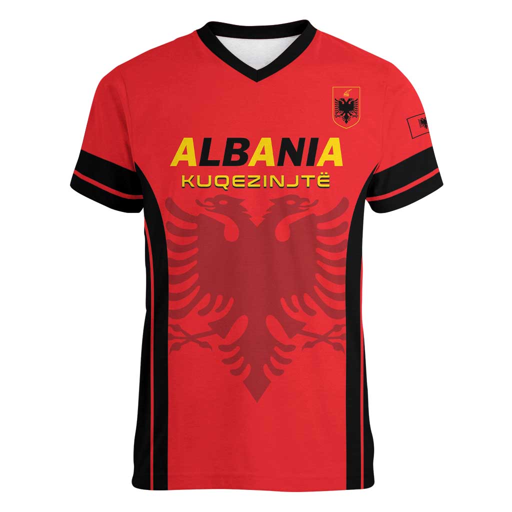 Custom Albania 2024 Football Women V-Neck T-Shirt Come On Kuqezinjte - Wonder Print Shop