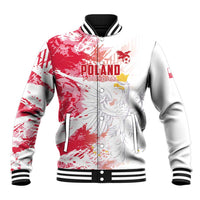 Red and gray Poland football varsity jacket with ribbed collar, snap buttons, front graphic