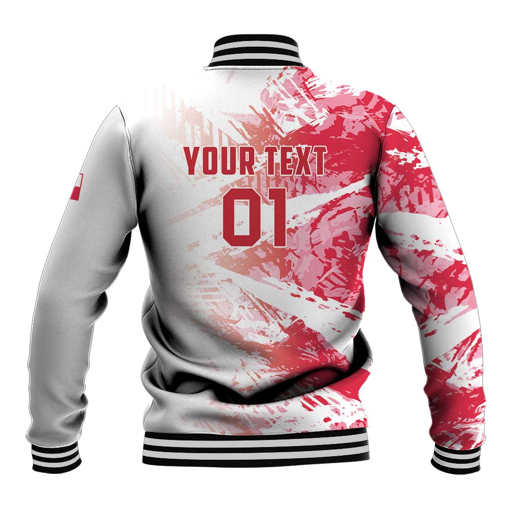 Back view red and gray varsity jacket with YOUR TEXT 01 print, ribbed hem and cuffs