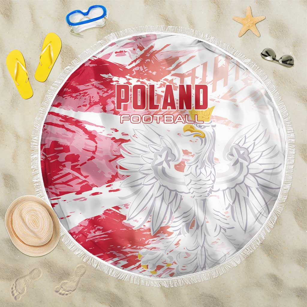 Red and white round beach blanket with fringe edge, Poland football text and eagle art