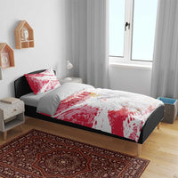 Poland football bedding set on bed: red and white duvet with two pillowcases