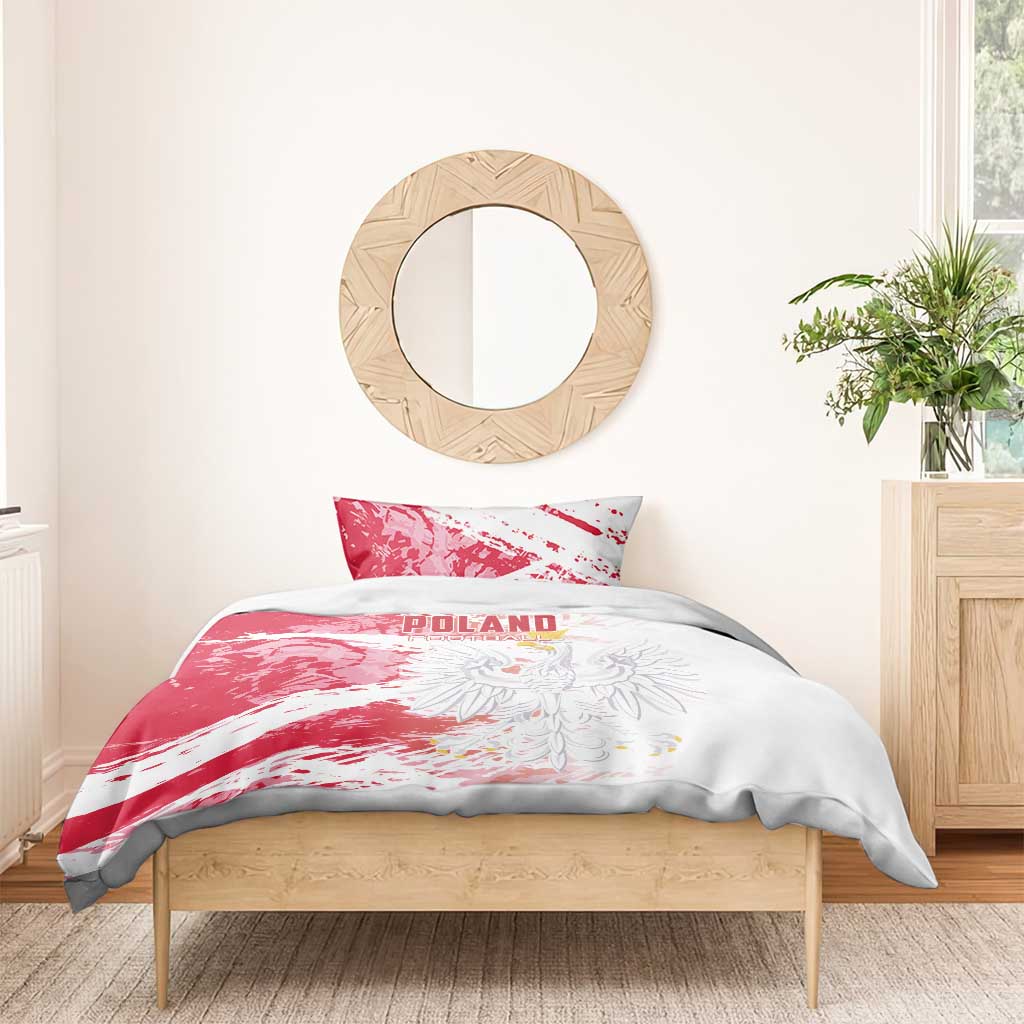 Red and white Poland football bedding set with “POLAND” text and eagle crest design
