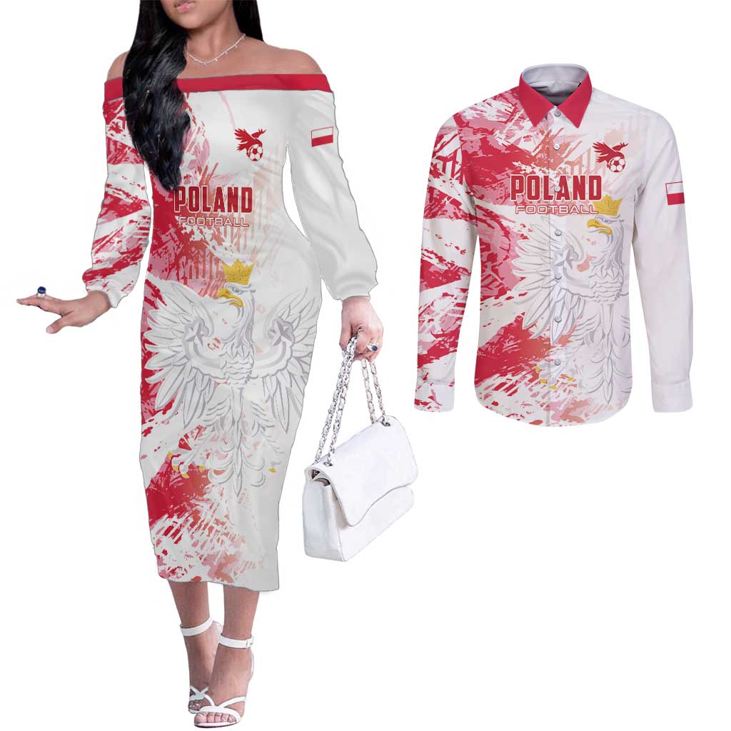 Custom Poland 2024 Football Couples Matching Off The Shoulder Long Sleeve Dress and Long Sleeve Button Shirt Orly Go Champions